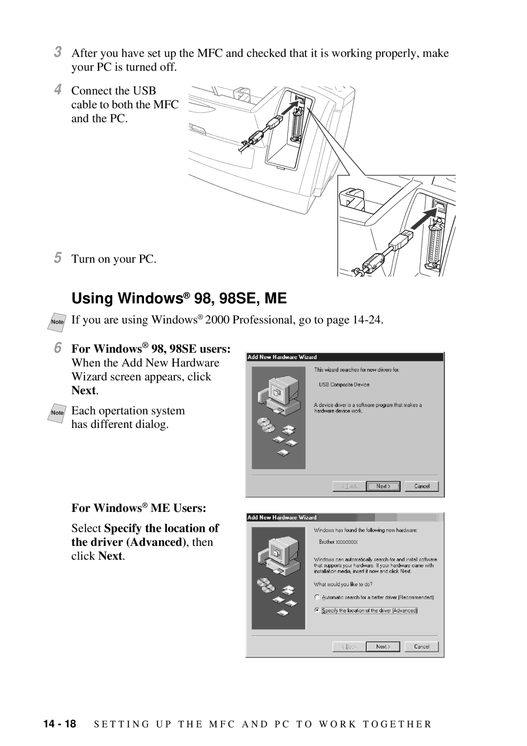 Brother MFC-7300C manual Using Windows 98, 98SE, ME 