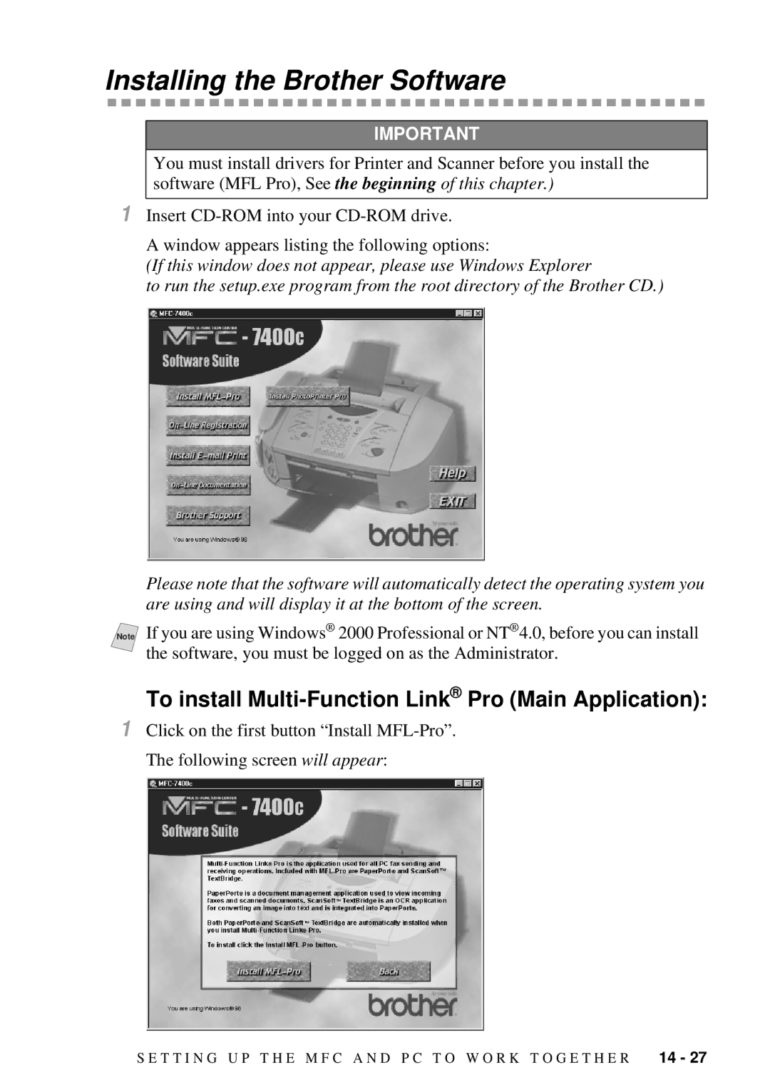 Brother MFC-7300C manual Installing the Brother Software, To install Multi-Function Link Pro Main Application 