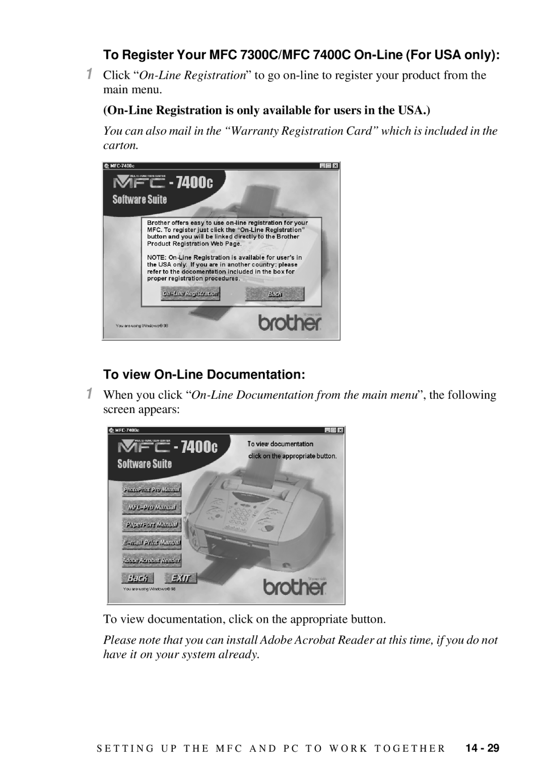 Brother MFC-7300C manual To Register Your MFC 7300C/MFC 7400C On-Line For USA only, To view On-Line Documentation 