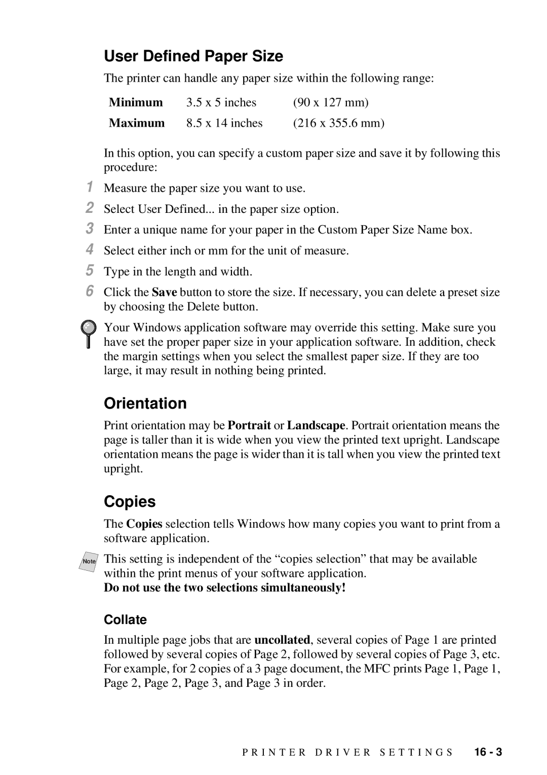 Brother MFC-7300C manual User Defined Paper Size, Orientation, Copies, Collate 