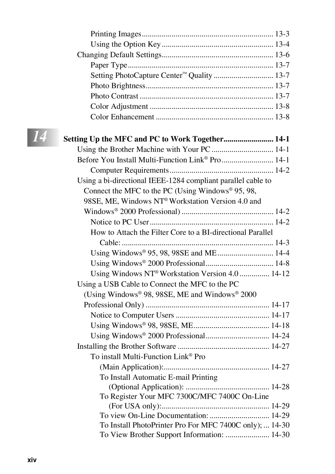 Brother MFC-7300C manual Setting Up the MFC and PC to Work Together 14-1 