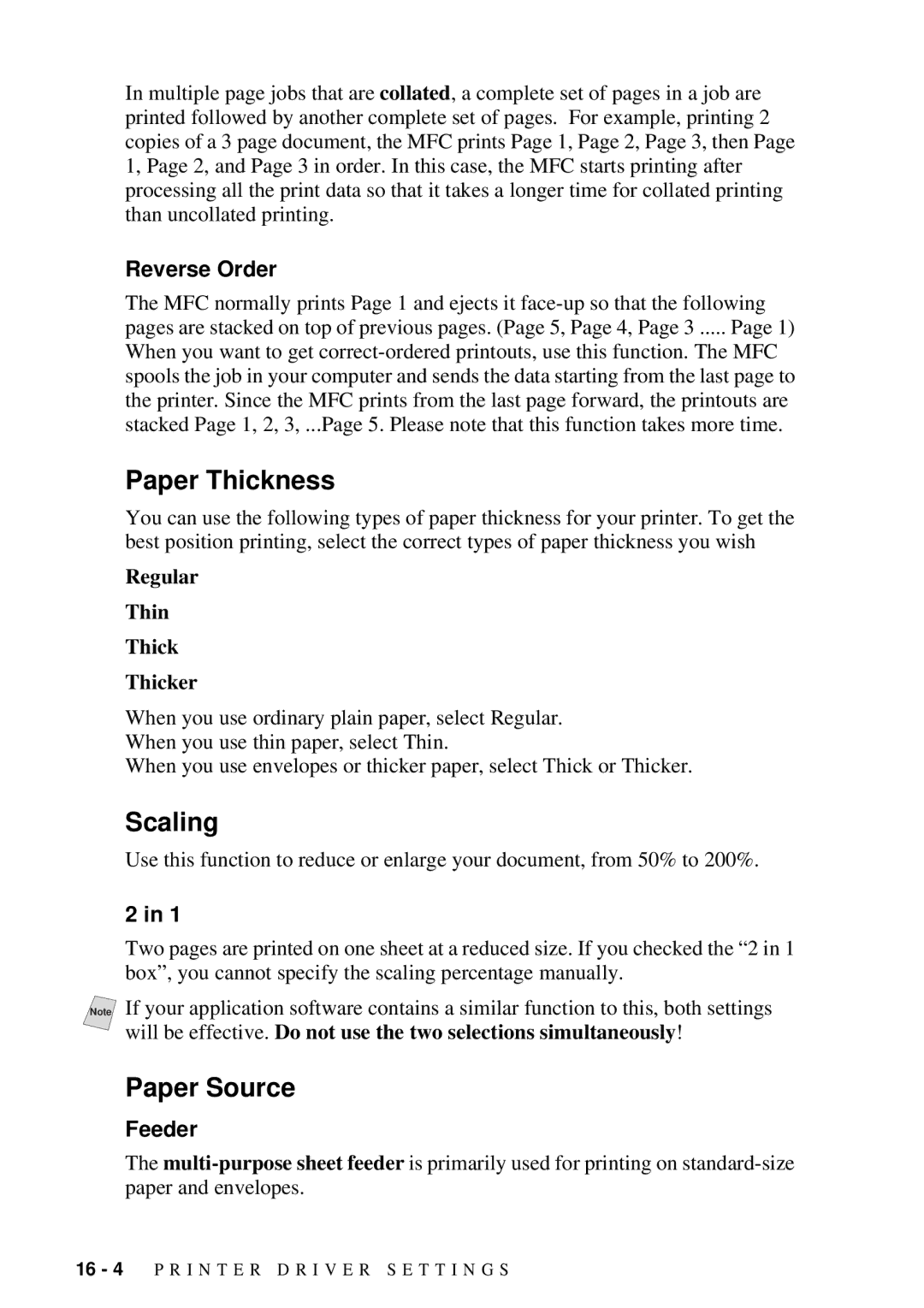 Brother MFC-7300C manual Paper Thickness, Scaling, Paper Source, Reverse Order, Feeder 