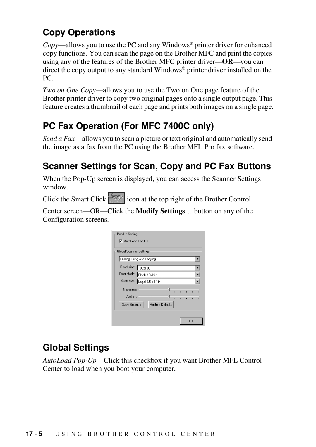 Brother MFC-7300C Copy Operations, PC Fax Operation For MFC 7400C only, Scanner Settings for Scan, Copy and PC Fax Buttons 