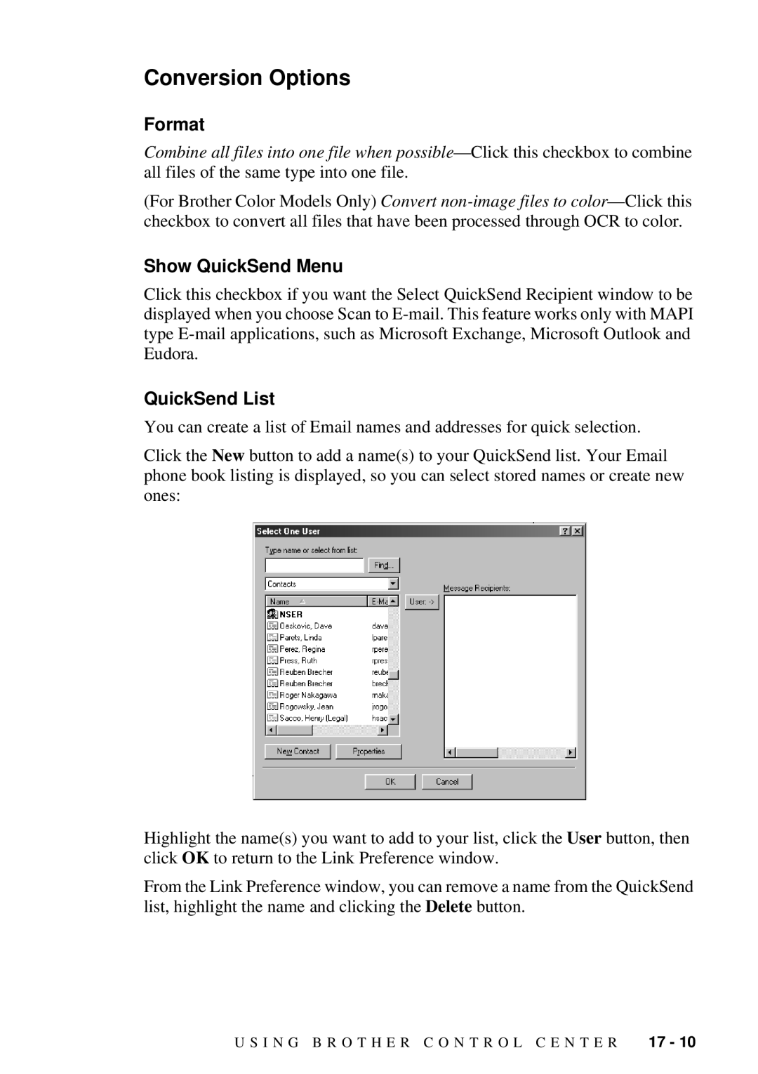 Brother MFC-7300C manual Conversion Options, Format, Show QuickSend Menu, QuickSend List 