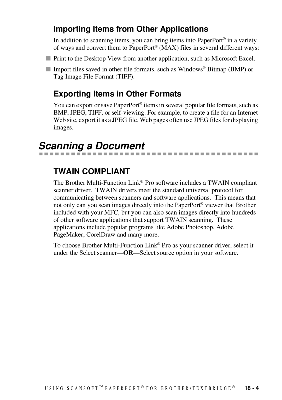Brother MFC-7300C manual Scanning a Document, Importing Items from Other Applications, Exporting Items in Other Formats 