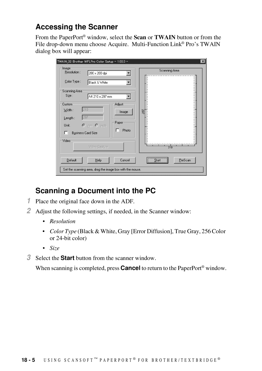 Brother MFC-7300C manual Accessing the Scanner, Scanning a Document into the PC 