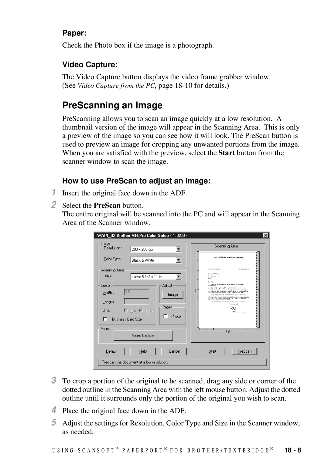 Brother MFC-7300C manual PreScanning an Image, Paper, Video Capture, How to use PreScan to adjust an image 