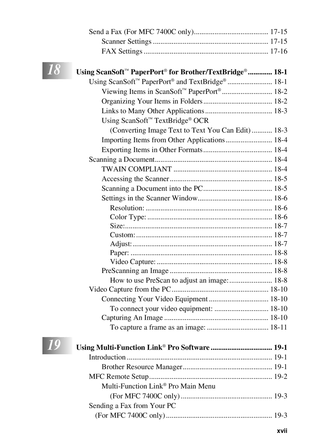 Brother MFC-7300C manual Using ScanSoft PaperPort for Brother/TextBridge 18-1, Using Multi-Function Link Pro Software 19-1 