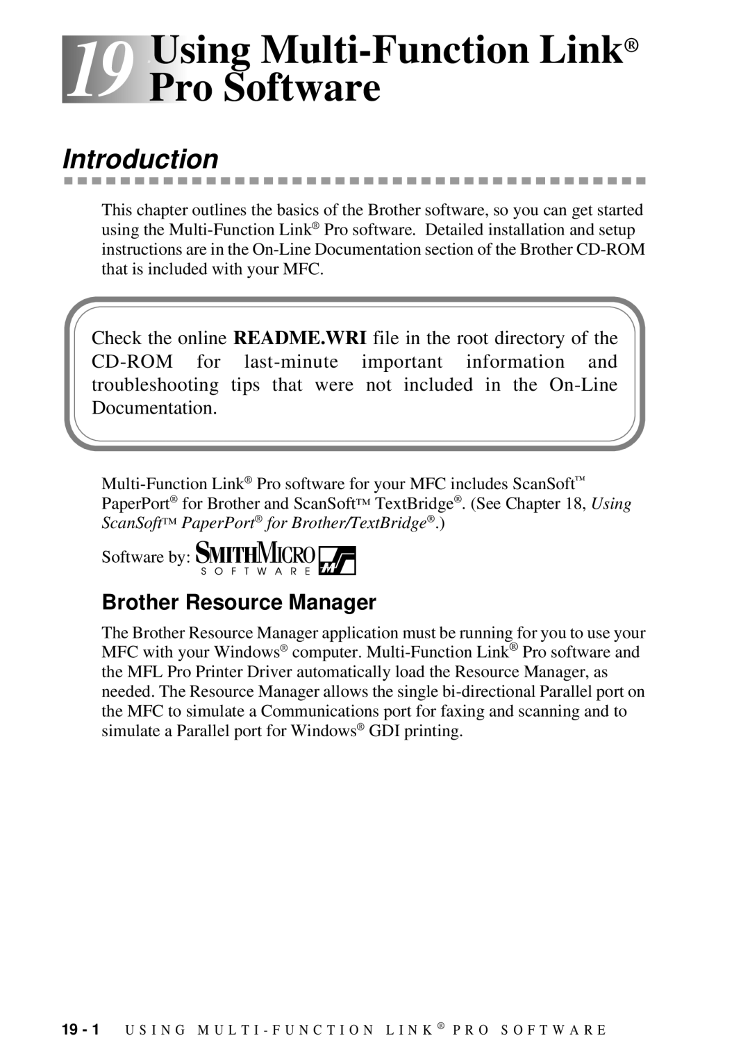 Brother MFC-7300C manual 19 19Using Multi-Function Link Pro Software, Introduction, Brother Resource Manager 