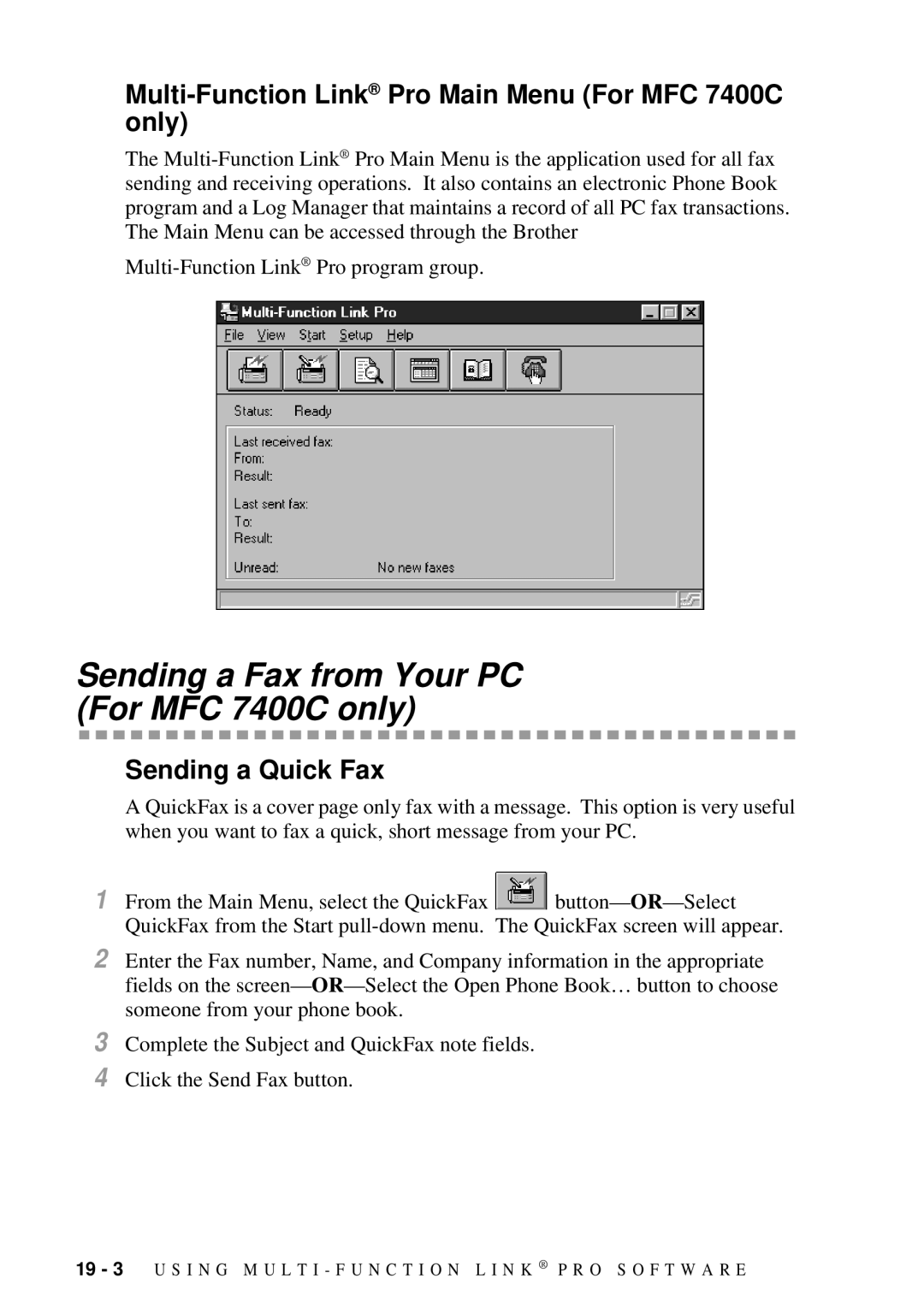 Brother MFC-7300C Sending a Fax from Your PC For MFC 7400C only, Multi-Function Link Pro Main Menu For MFC 7400C only 