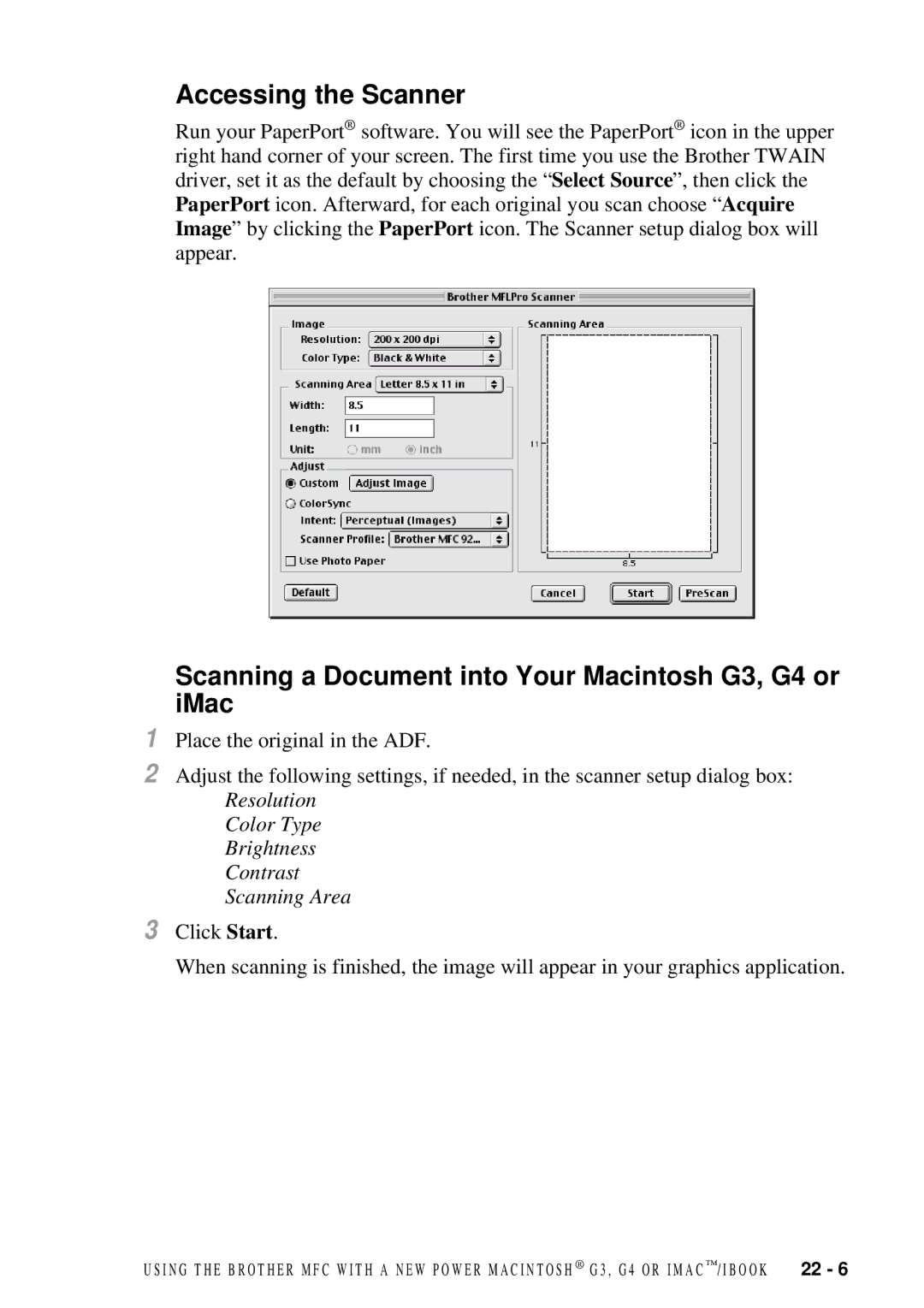 Brother MFC-7300C Scanning a Document into Your Macintosh G3, G4 or iMac, Color Type Brightness Contrast Scanning Area 