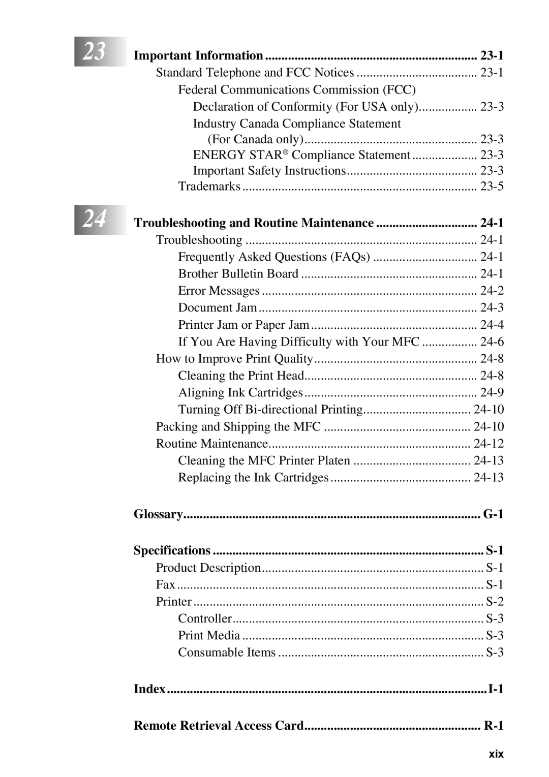 Brother MFC-7300C manual Important Information 23-1, Troubleshooting and Routine Maintenance 24-1, Glossary Specifications 