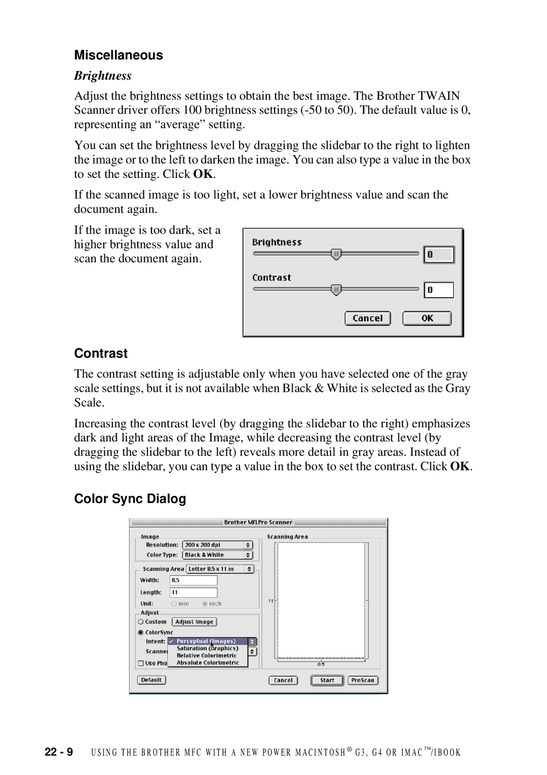 Brother MFC-7300C manual Miscellaneous, Contrast, Color Sync Dialog 