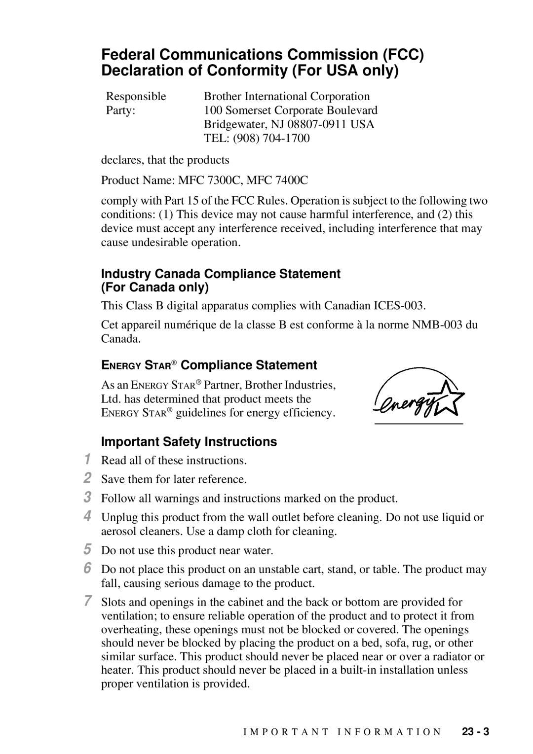 Brother MFC-7300C manual Industry Canada Compliance Statement For Canada only, Energy Star Compliance Statement 