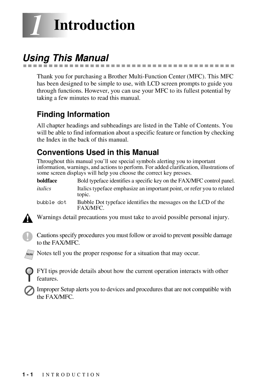 Brother MFC-7300C manual 1Introduction, Using This Manual, Finding Information, Conventions Used in this Manual 