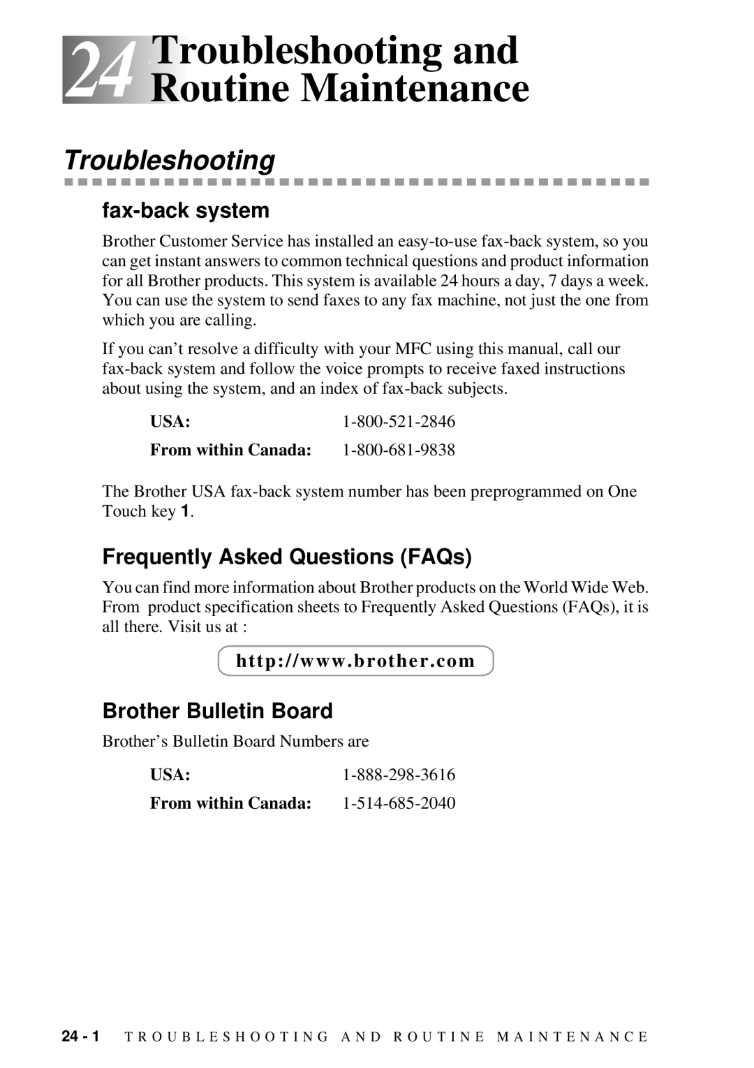 Brother MFC-7300C manual 24 24Troubleshooting and Routine Maintenance, Fax-back system 