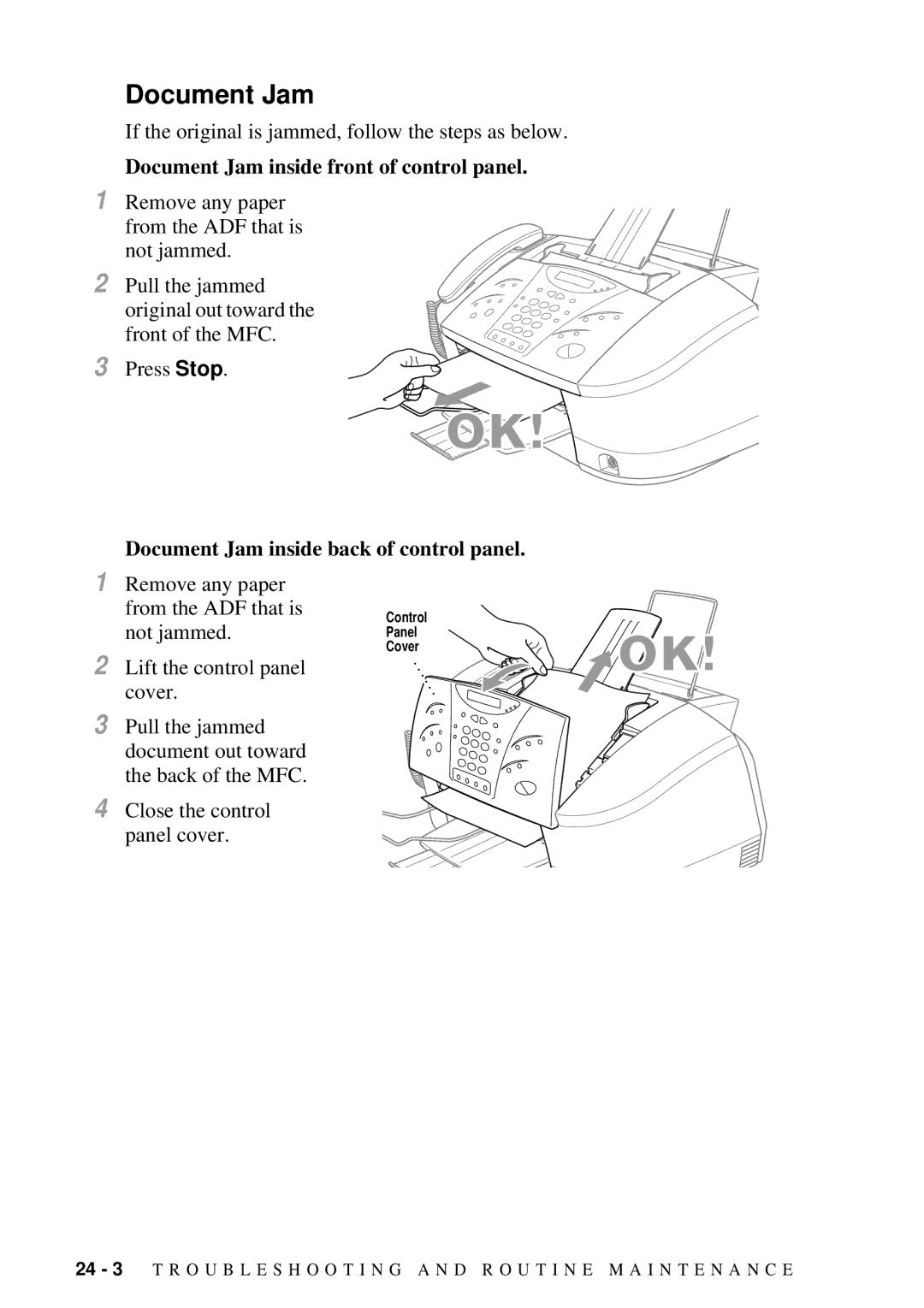 Brother MFC-7300C manual Document Jam inside front of control panel, Document Jam inside back of control panel 