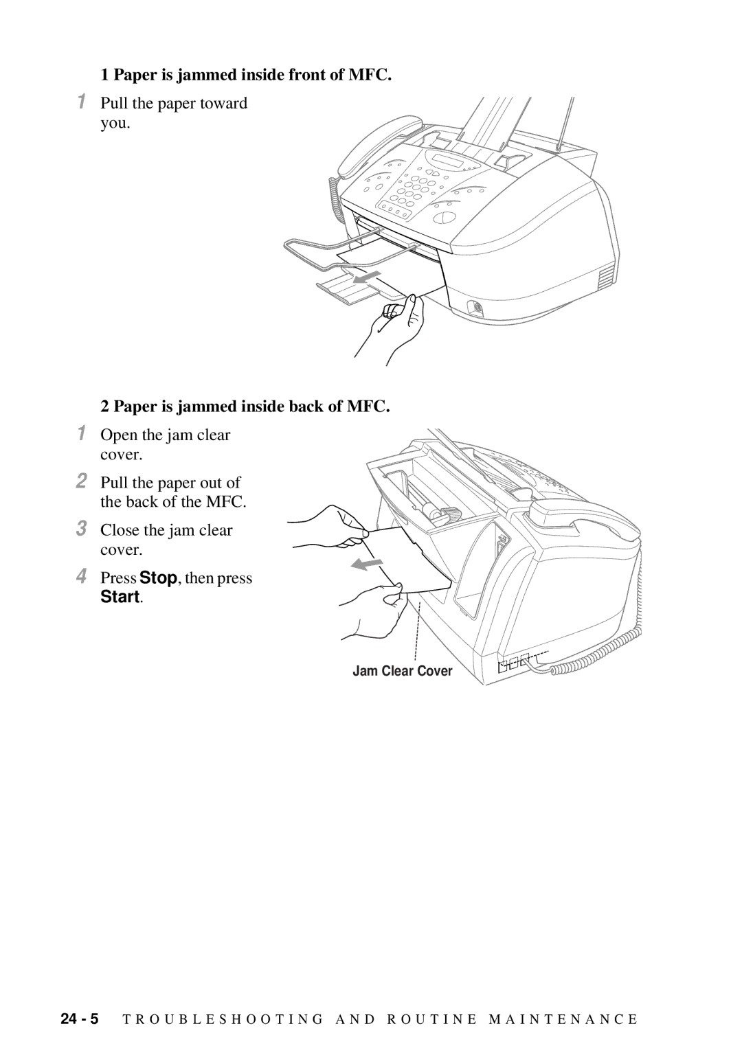 Brother MFC-7300C manual Paper is jammed inside front of MFC, Paper is jammed inside back of MFC, Start 