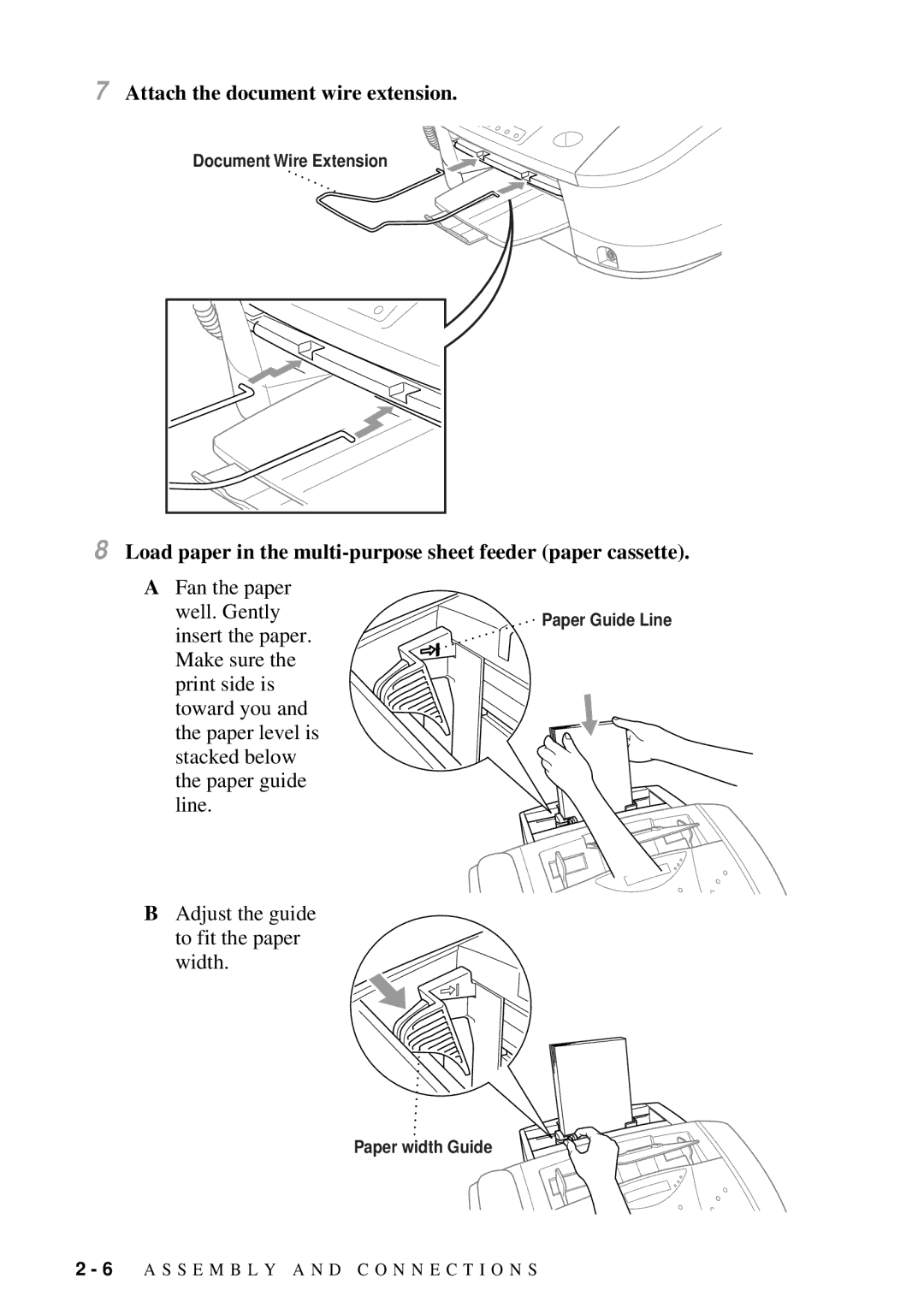 Brother MFC-7300C manual Attach the document wire extension, Load paper in the multi-purpose sheet feeder paper cassette 