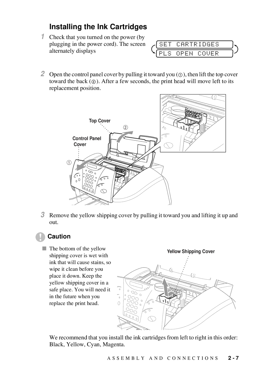 Brother MFC-7300C manual Installing the Ink Cartridges, SET Cartridges PLS Open Cover 