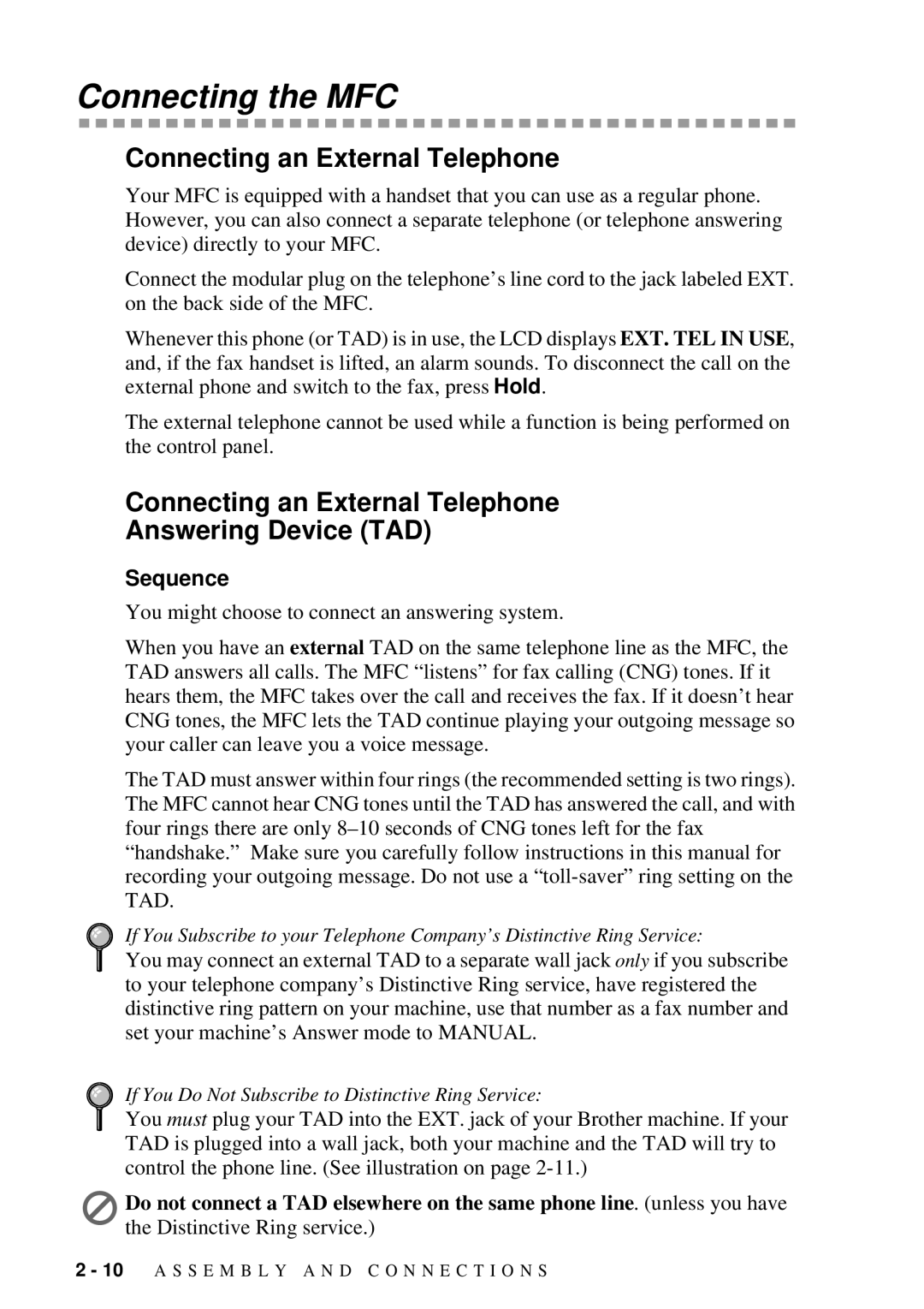 Brother MFC-7300C manual Connecting the MFC, Connecting an External Telephone, Sequence 