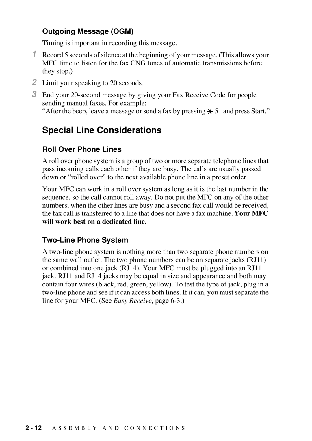 Brother MFC-7300C manual Special Line Considerations, Outgoing Message OGM, Roll Over Phone Lines, Two-Line Phone System 