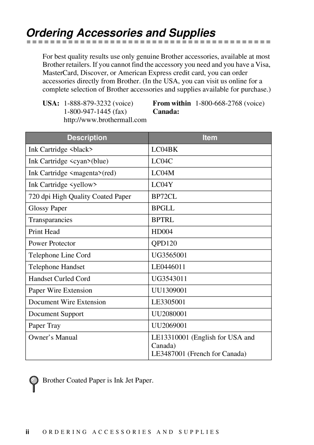 Brother MFC-7300C manual Ordering Accessories and Supplies, Canada 
