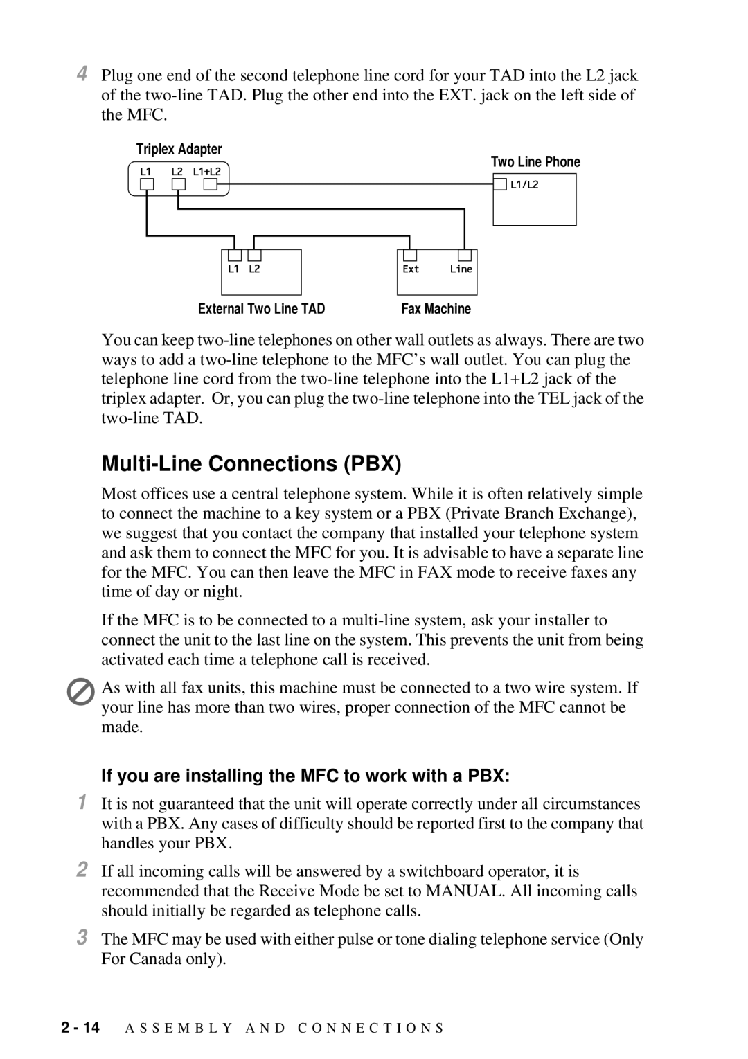 Brother MFC-7300C manual Multi-Line Connections PBX, If you are installing the MFC to work with a PBX 