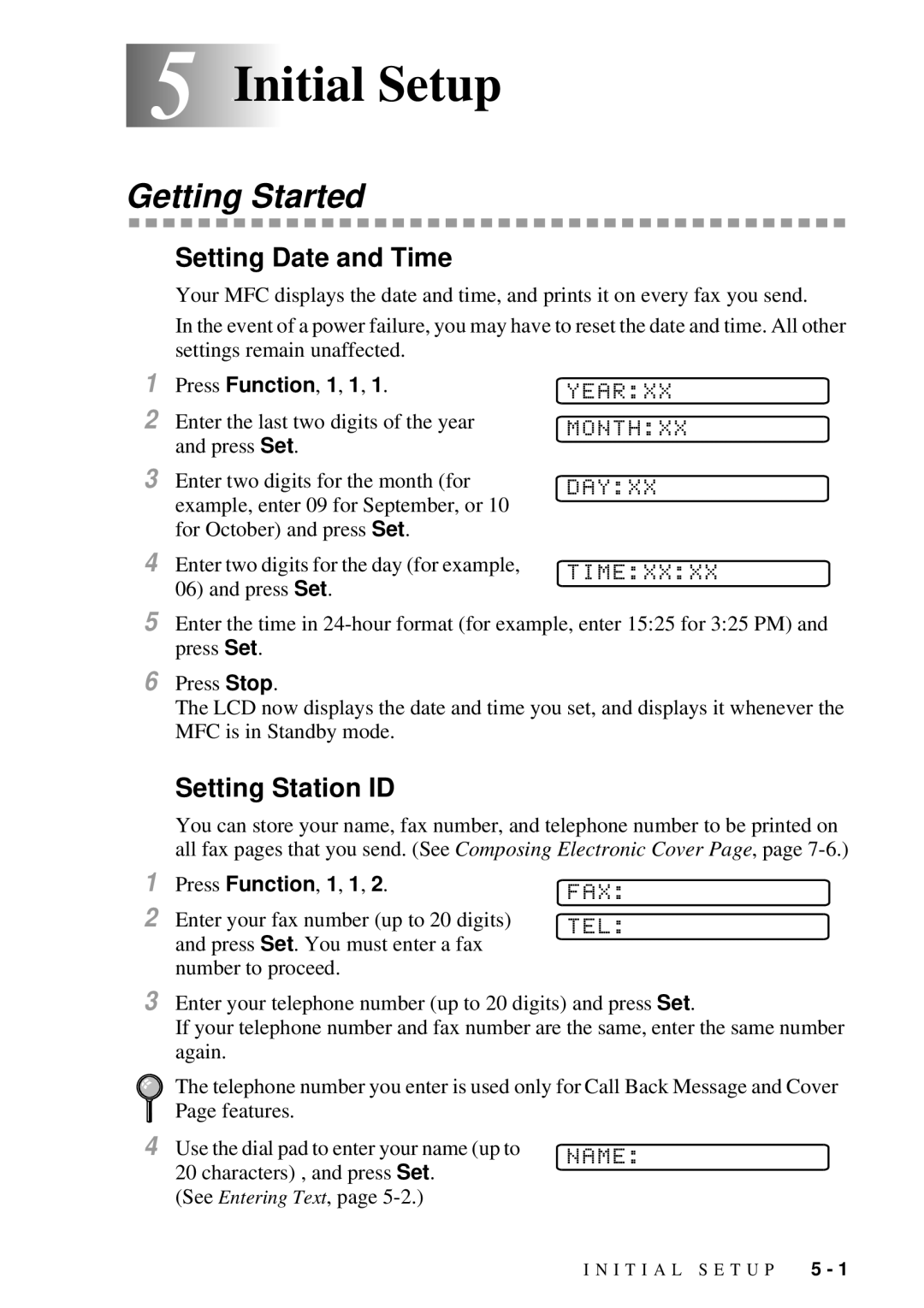 Brother MFC-7300C manual 5Initial Setup, Getting Started, Setting Date and Time, Setting Station ID 