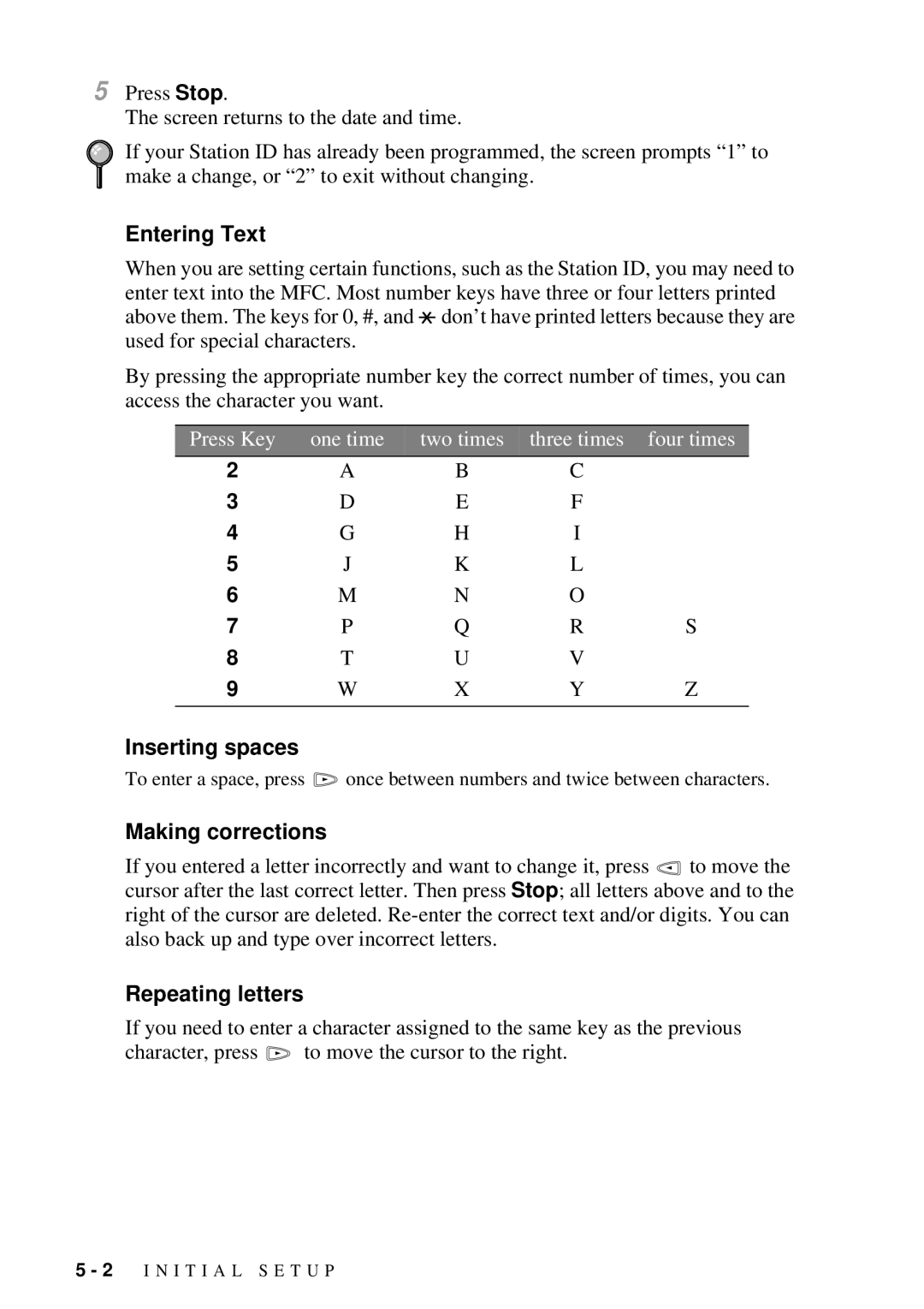 Brother MFC-7300C manual Entering Text, Inserting spaces, Making corrections, Repeating letters 