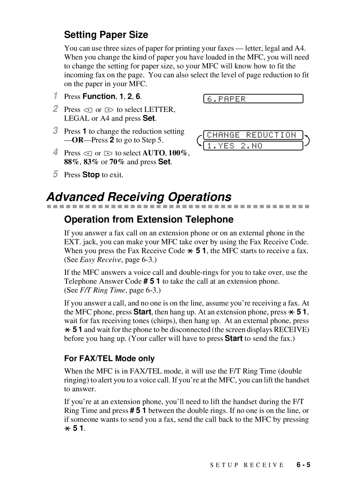 Brother MFC-7300C manual Advanced Receiving Operations, Setting Paper Size, Operation from Extension Telephone 