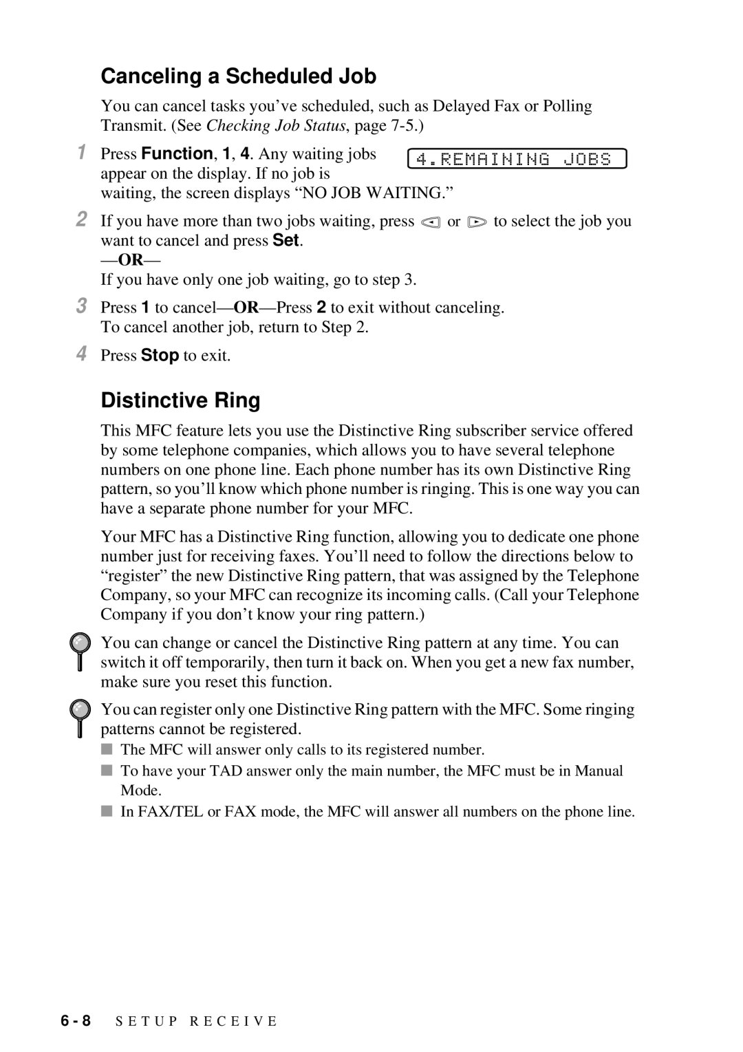 Brother MFC-7300C manual Canceling a Scheduled Job, Distinctive Ring 