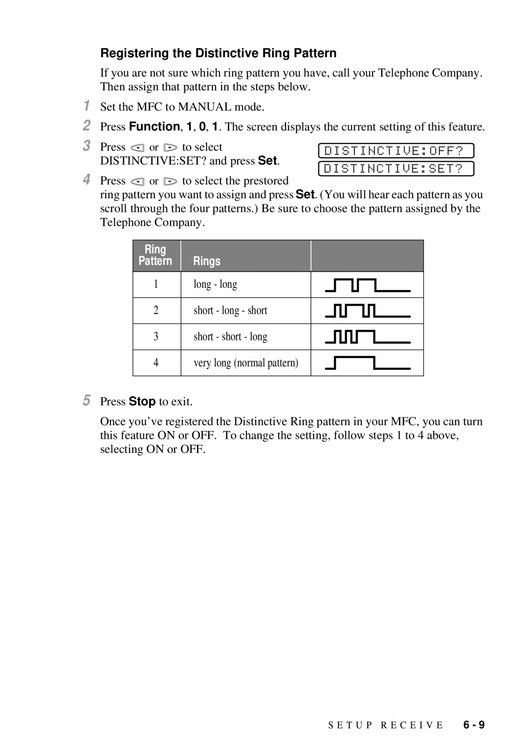 Brother MFC-7300C manual Distinctiveoff?, Distinctiveset?, Registering the Distinctive Ring Pattern 