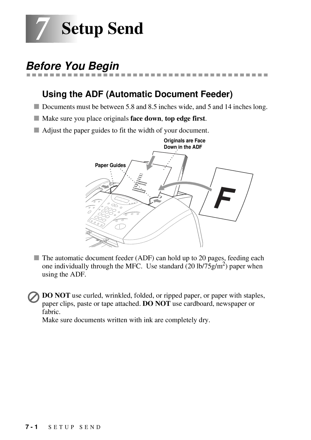 Brother MFC-7300C manual 7Setup Send, Before You Begin, Using the ADF Automatic Document Feeder 