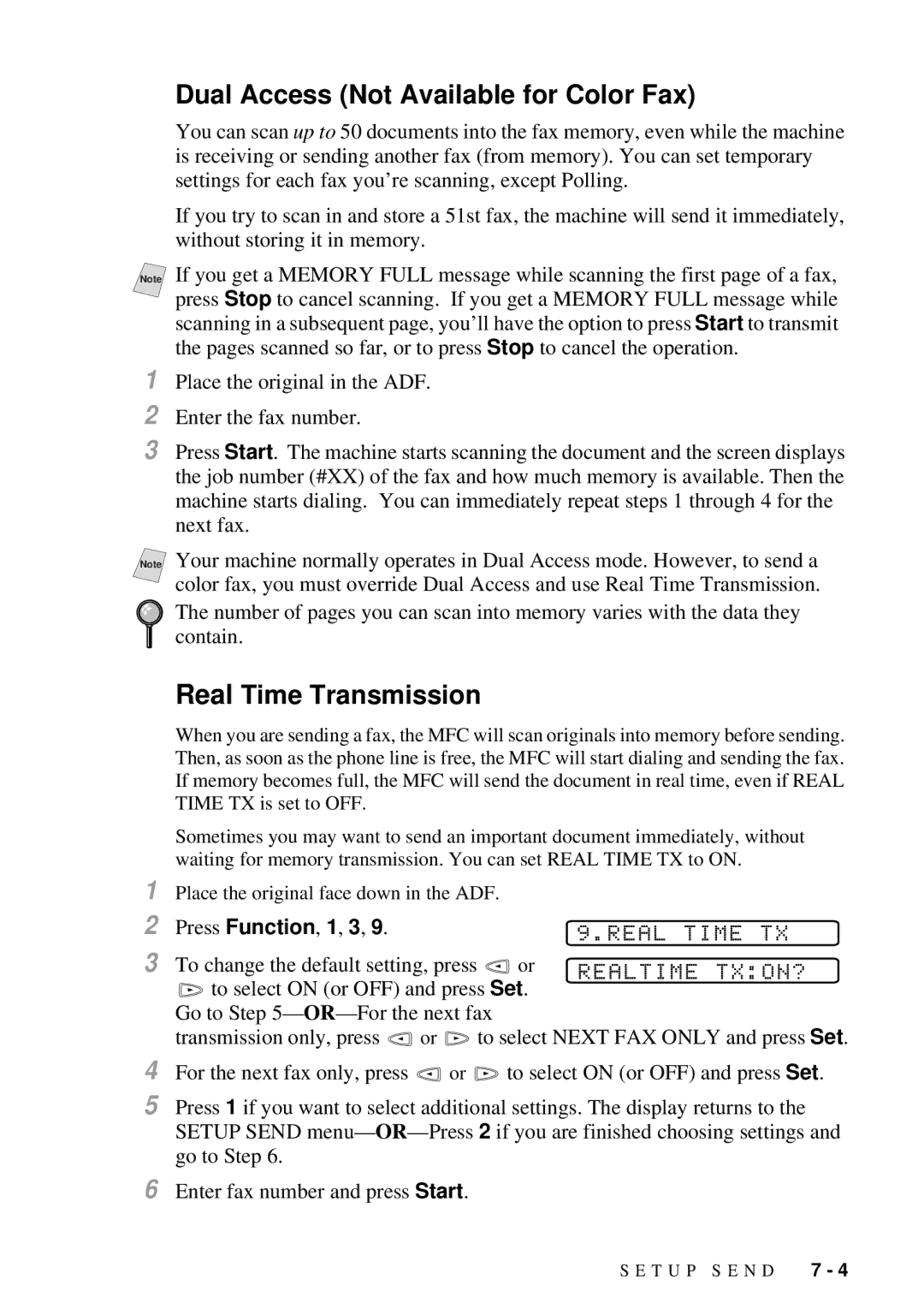 Brother MFC-7300C manual Dual Access Not Available for Color Fax, Real Time TX Realtime TXON? 