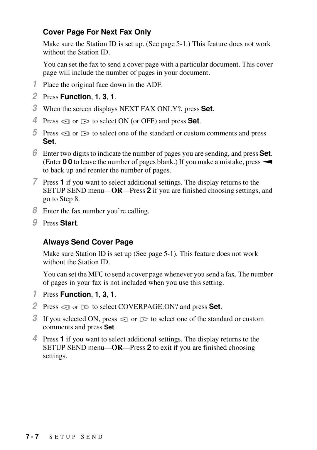 Brother MFC-7300C manual Cover Page For Next Fax Only, Set, Always Send Cover 