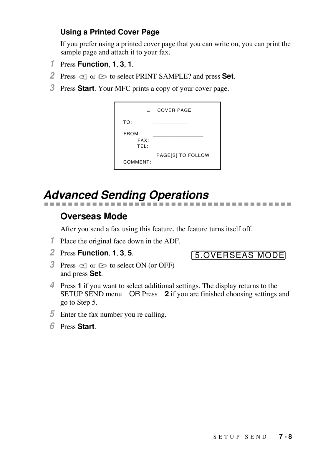 Brother MFC-7300C manual Advanced Sending Operations, Overseas Mode, Using a Printed Cover 