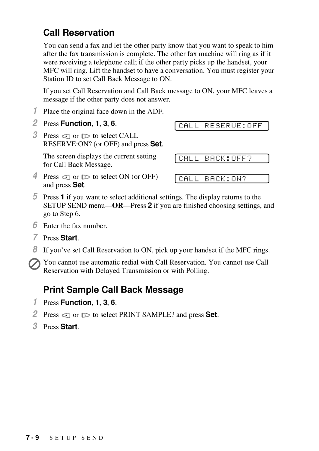 Brother MFC-7300C manual Print Sample Call Back Message 