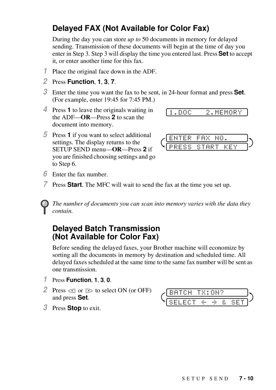 Brother MFC-7300C manual Delayed Batch Transmission Not Available for Color Fax, DOC Memory, Batch TXON? 