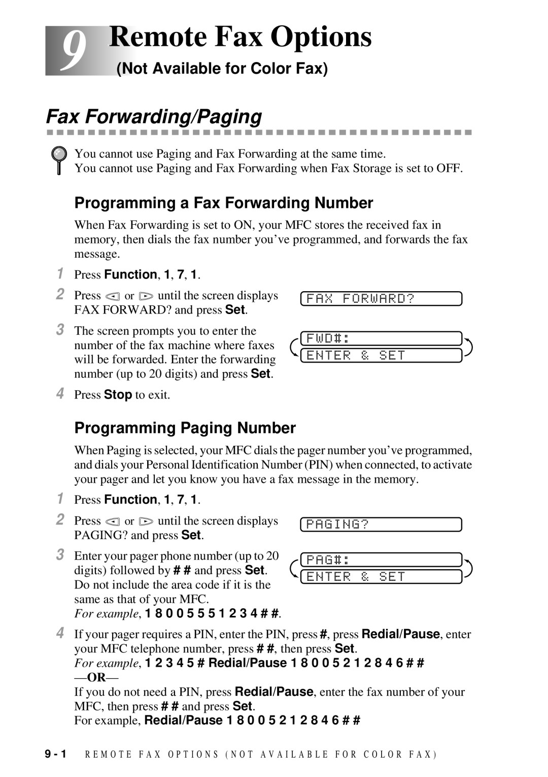 Brother MFC-7300C 9Remote Fax Options, Fax Forwarding/Paging, Not Available for Color Fax, FAX FORWARD? FWD# Enter & SET 