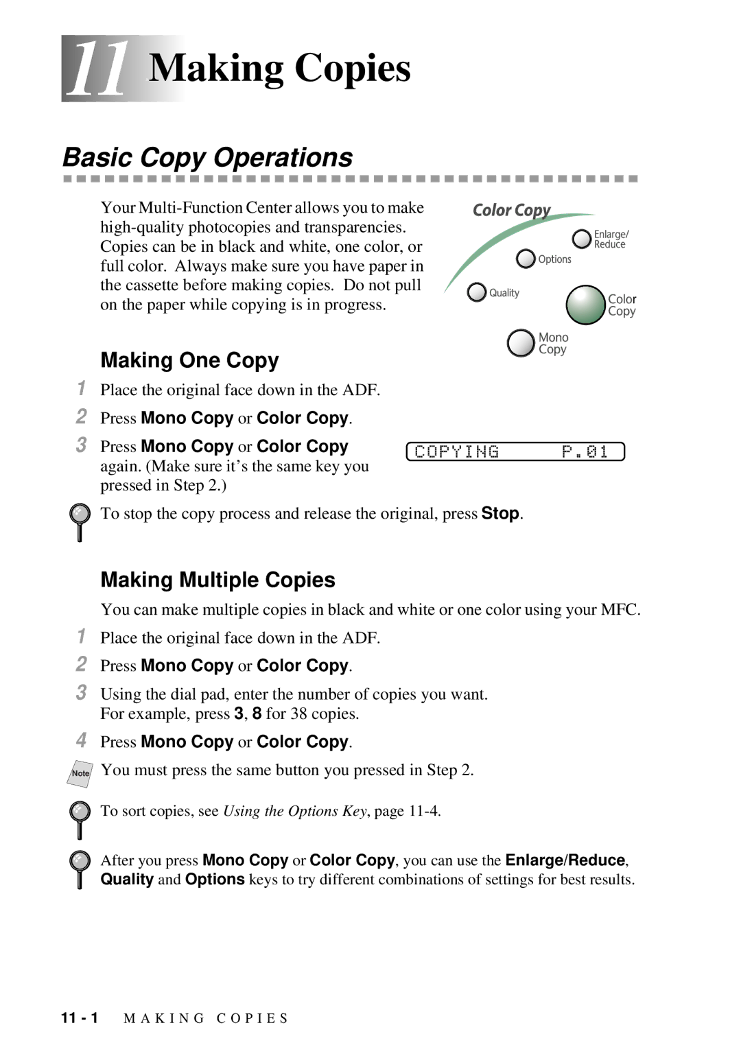 Brother MFC-7300C manual 11Making Copies, Making One Copy, Copying 