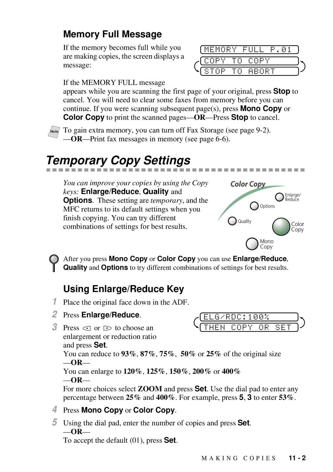 Brother MFC-7300C manual Temporary Copy Settings, Memory Full Message, Using Enlarge/Reduce Key, Then Copy or SET 