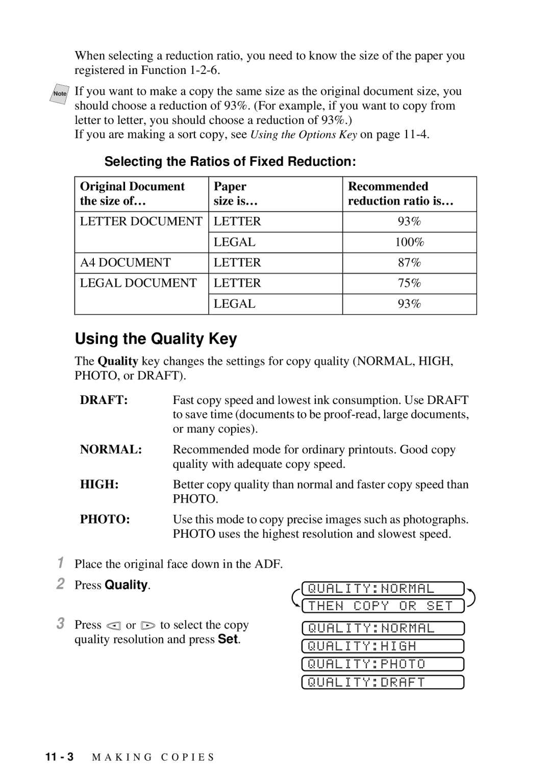 Brother MFC-7300C manual Using the Quality Key, Selecting the Ratios of Fixed Reduction 