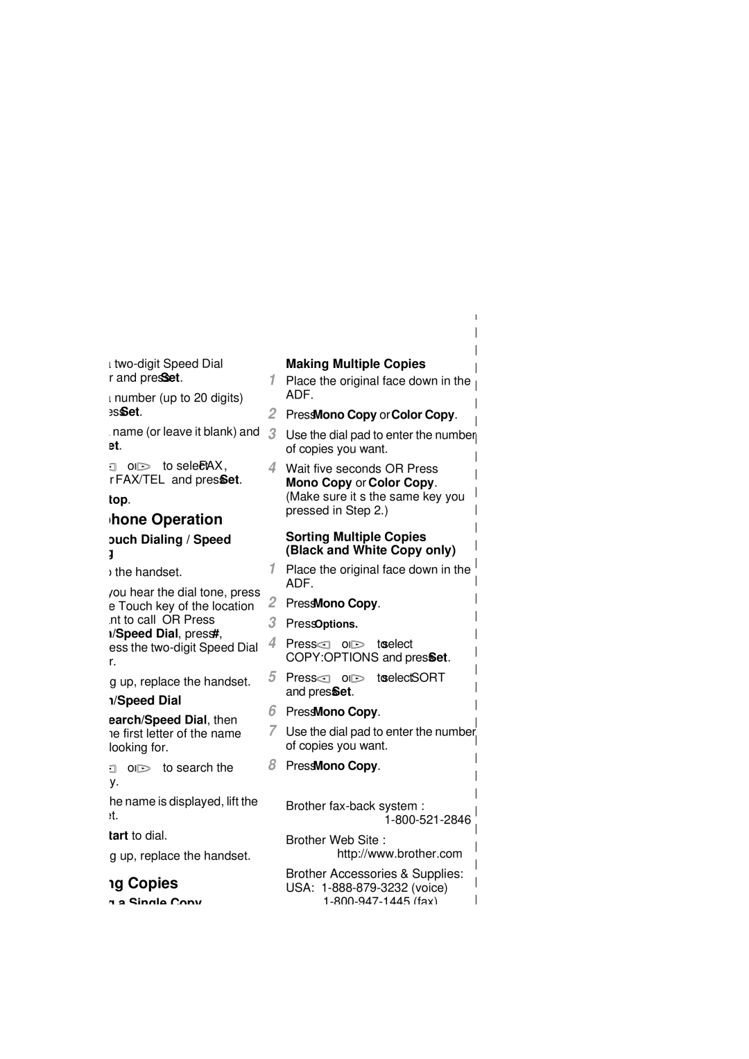 Brother MFC 7300C owner manual Telephone Operation, Making Copies 