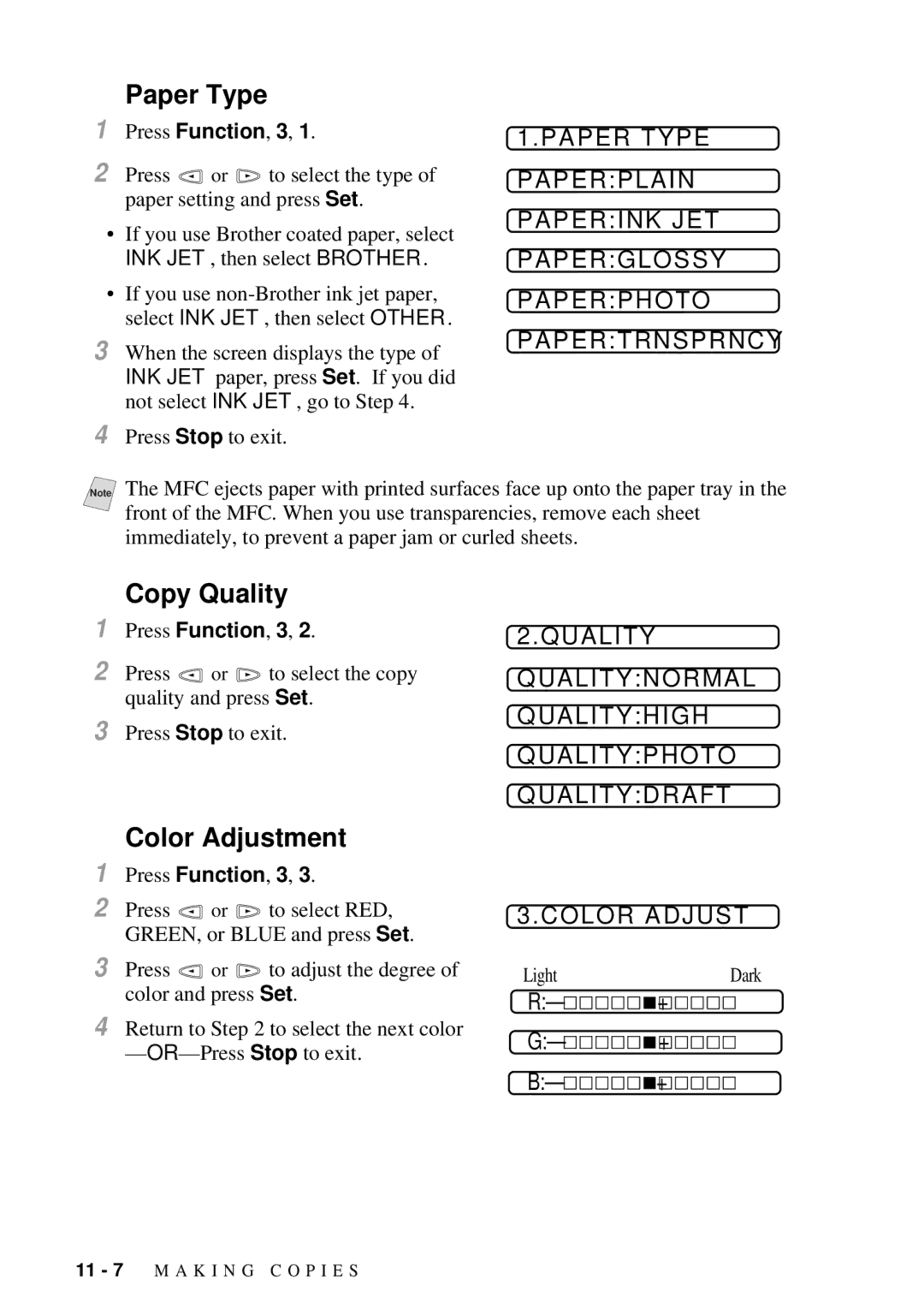 Brother MFC 7300C owner manual Paper Type, Copy Quality 