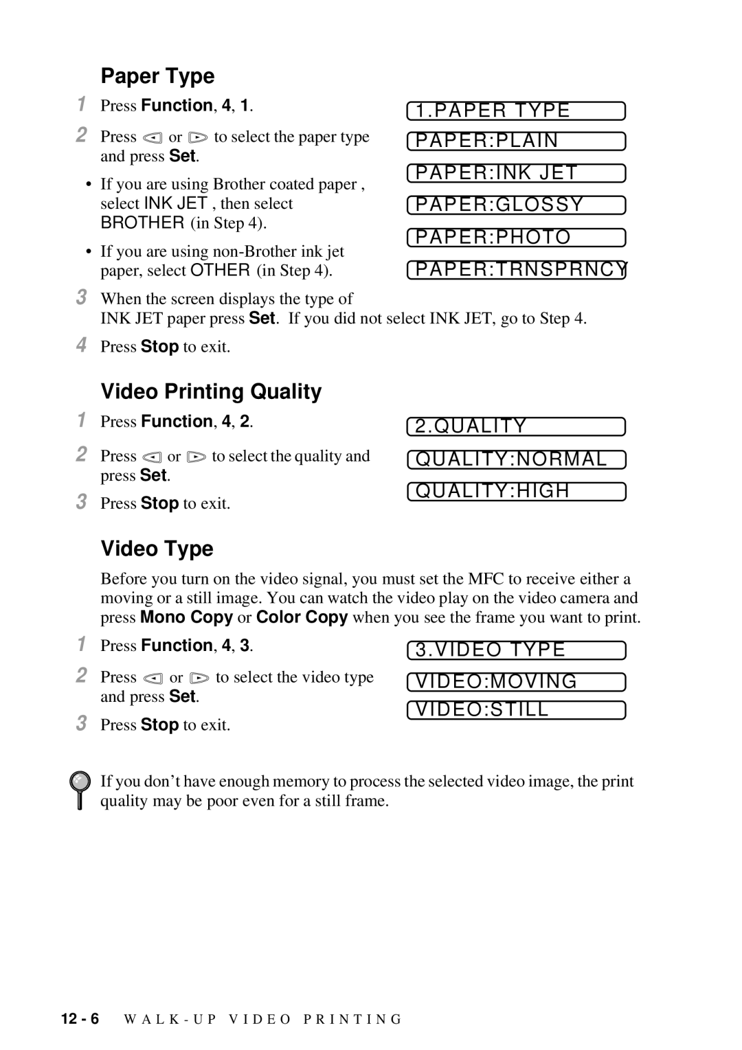 Brother MFC 7300C owner manual Video Printing Quality, Video Type 