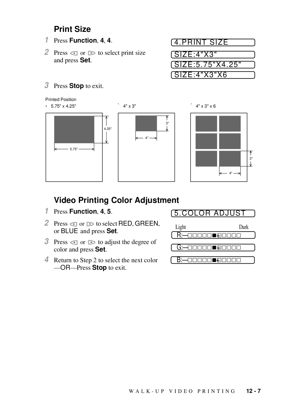 Brother MFC 7300C owner manual Print Size, Video Printing Color Adjustment 