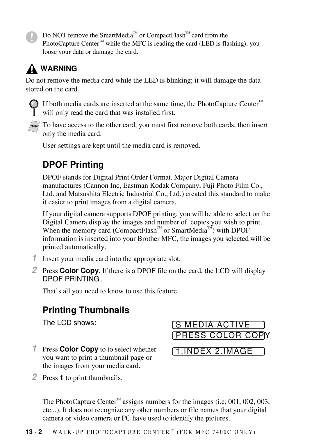 Brother MFC 7300C owner manual Dpof Printing, Printing Thumbnails, Media Active Press Color Copy Index 2.IMAGE, LCD shows 