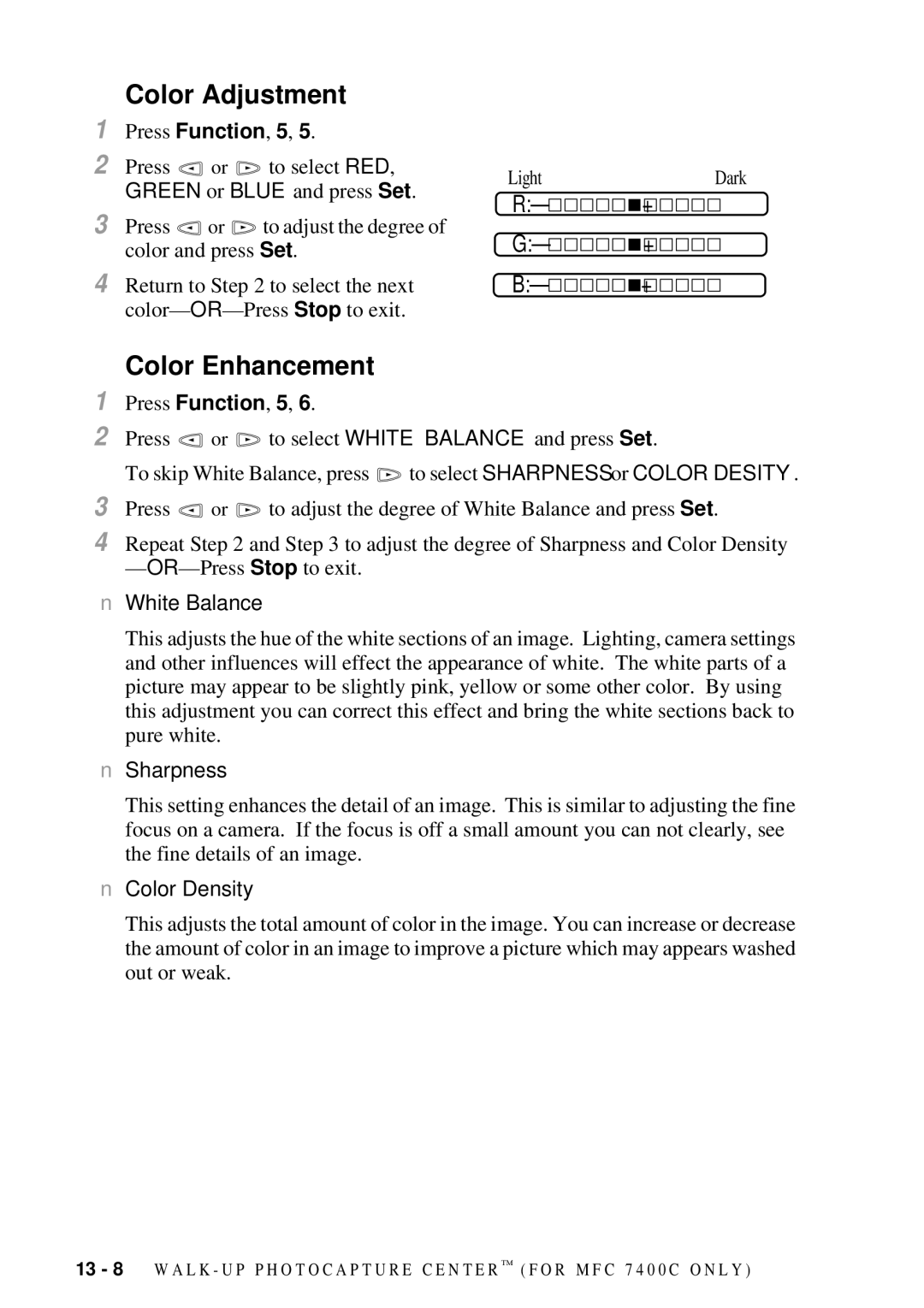 Brother MFC 7300C owner manual White Balance, Sharpness, Color Density 