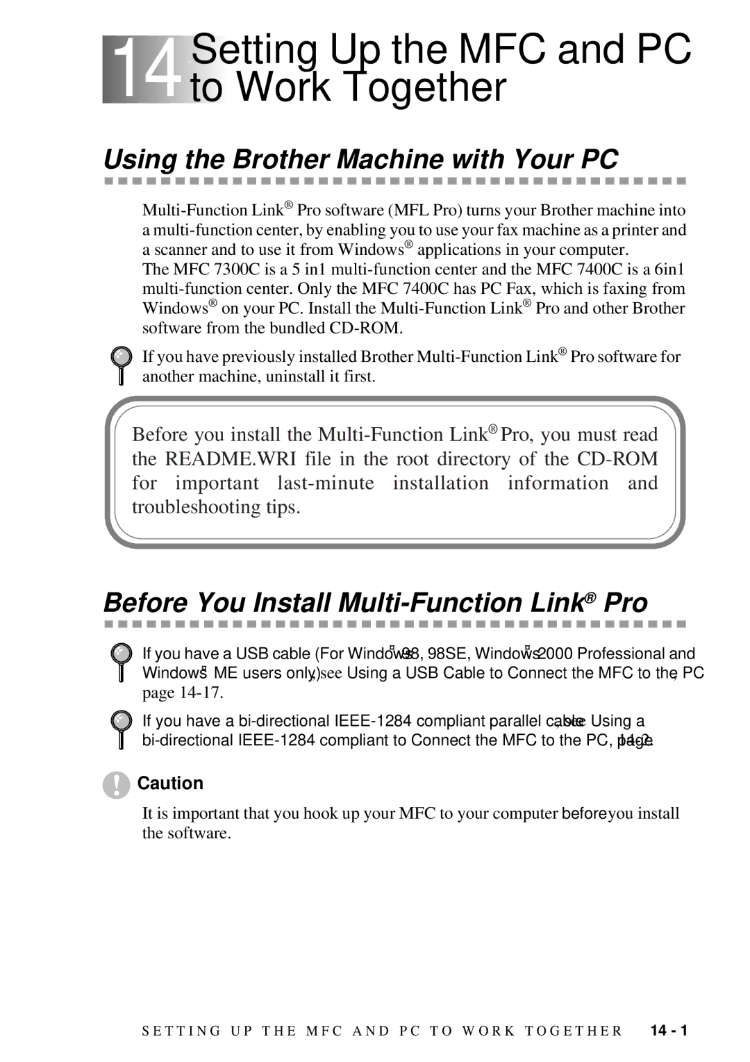 Brother MFC 7300C owner manual 14 14Setting Up the MFC and PC to Work Together, Using the Brother Machine with Your PC 